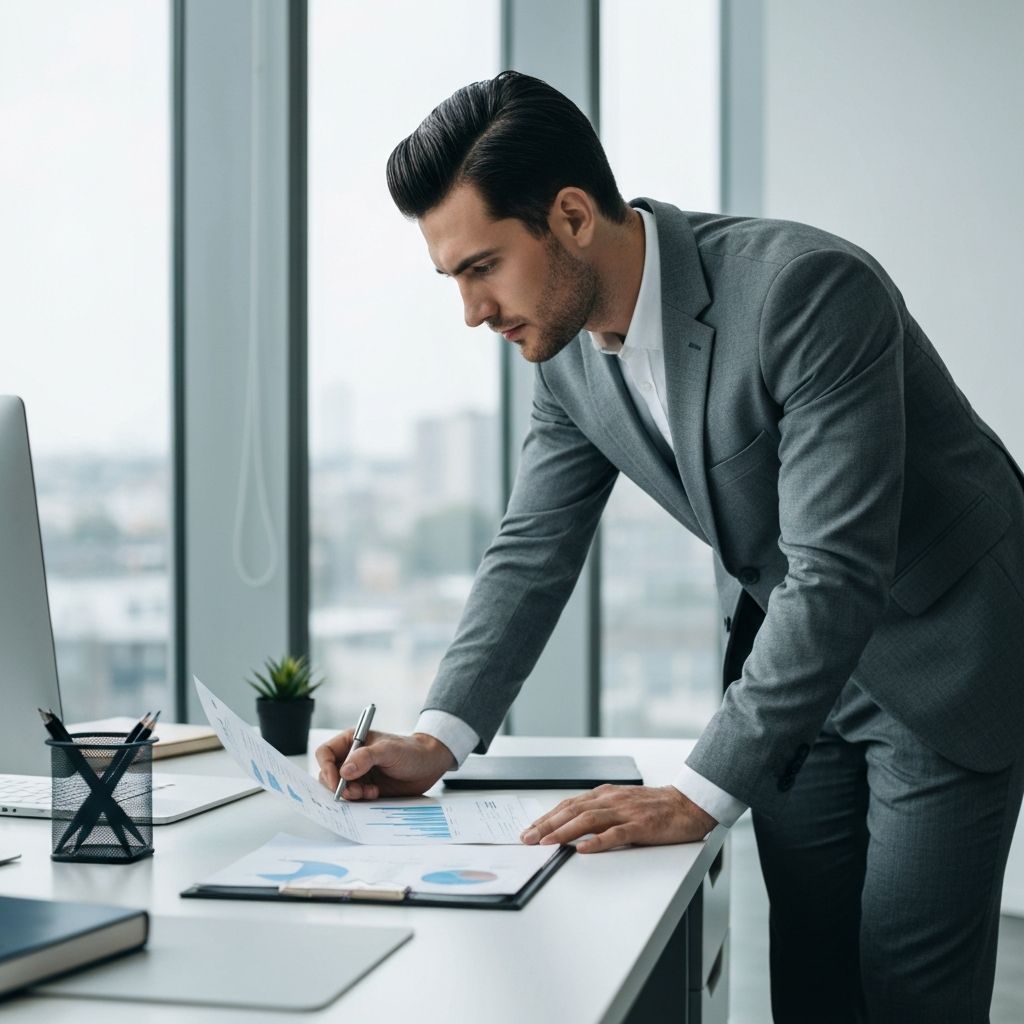 Consultor financiero profesional trabajando con documentos de presupuesto en oficina moderna