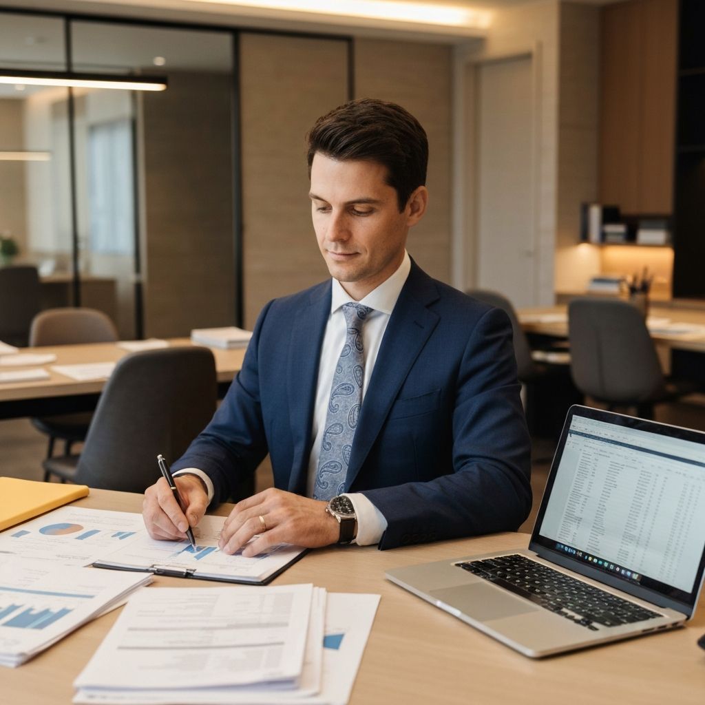 Profesional de negocios en traje trabajando en escritorio con papeles y computadora