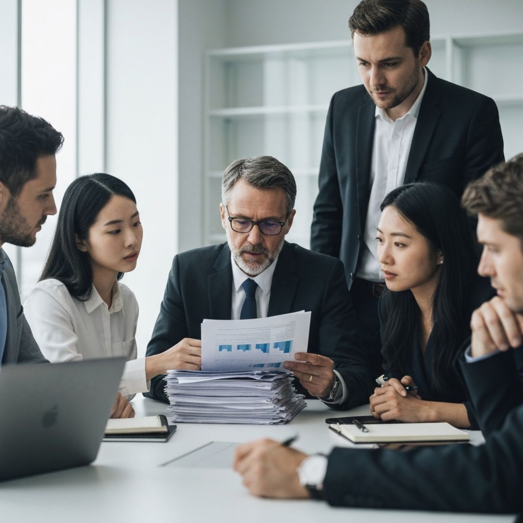 Equipo empresarial Colondo en mesa de conferencias revisando documentos presupuestarios
